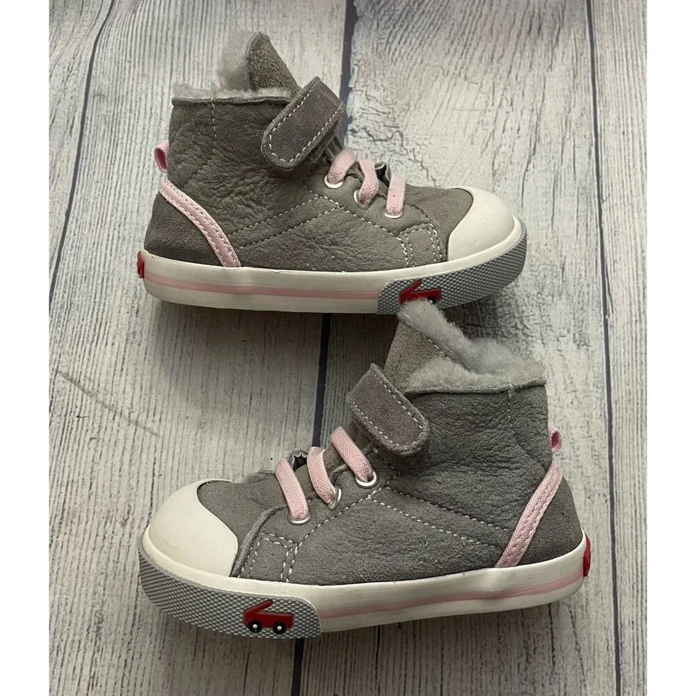 Pink & Grey Gray Furry See Kai Run Little Girl Toddler Shoes, Size 6